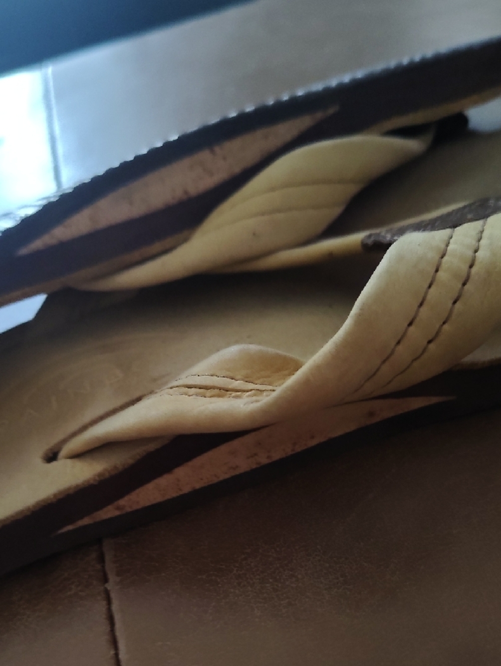 Rainbow Beige Leather Flip Flops with Brown Thong Accents - Picture 5 of 7